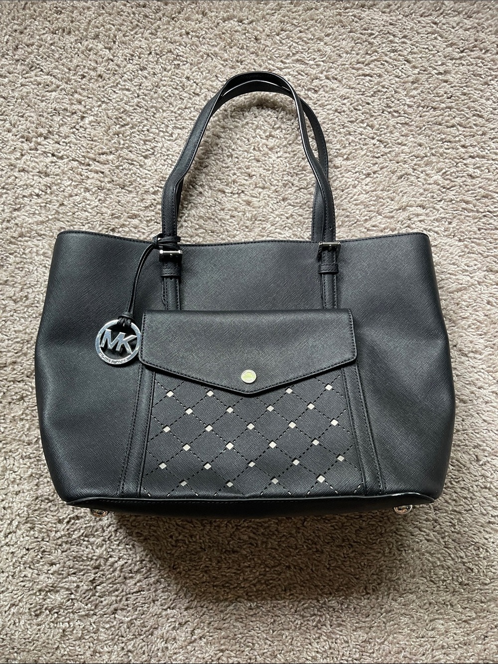 Michael Kora Classic Black Tote Bag with Front Flap Pocket